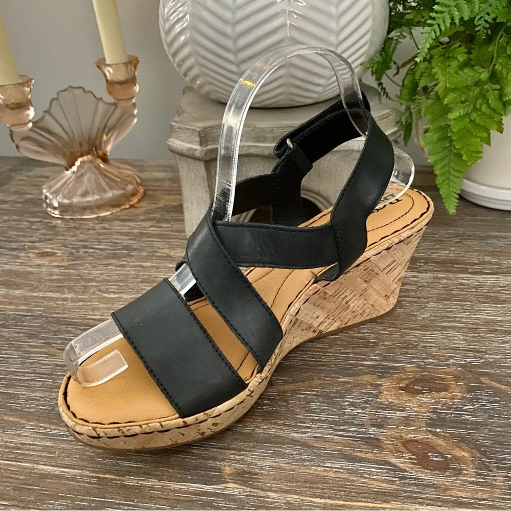Born Black Leather Slingback Cork Wedge Sandals